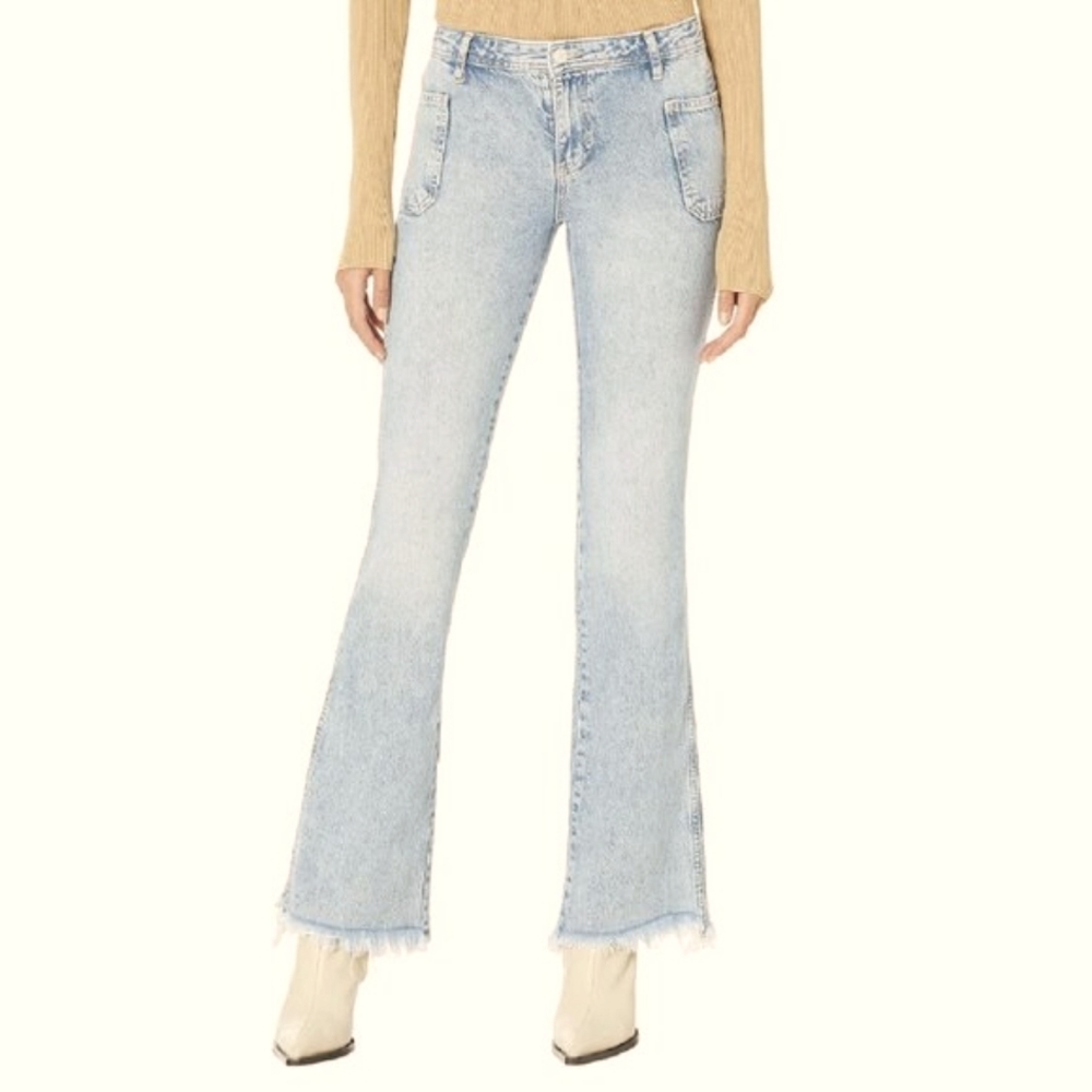 Free People We The Free Izzy Flare Raw Distressed Hem Jeans, Blue Trance, Sz 32